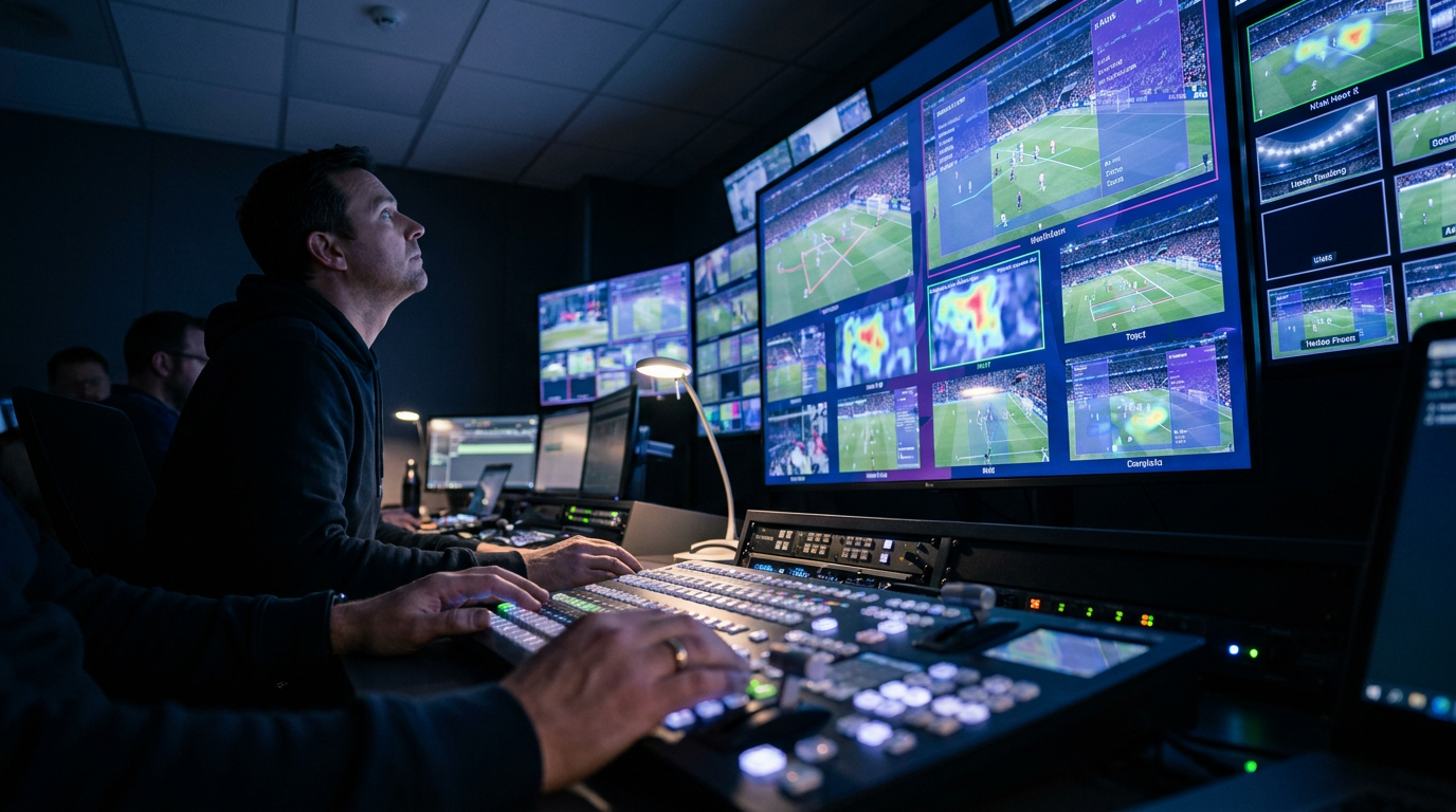 A broadcast director overseeing a bank of monitors showing AI broadcast production automation in action during a live sports event.