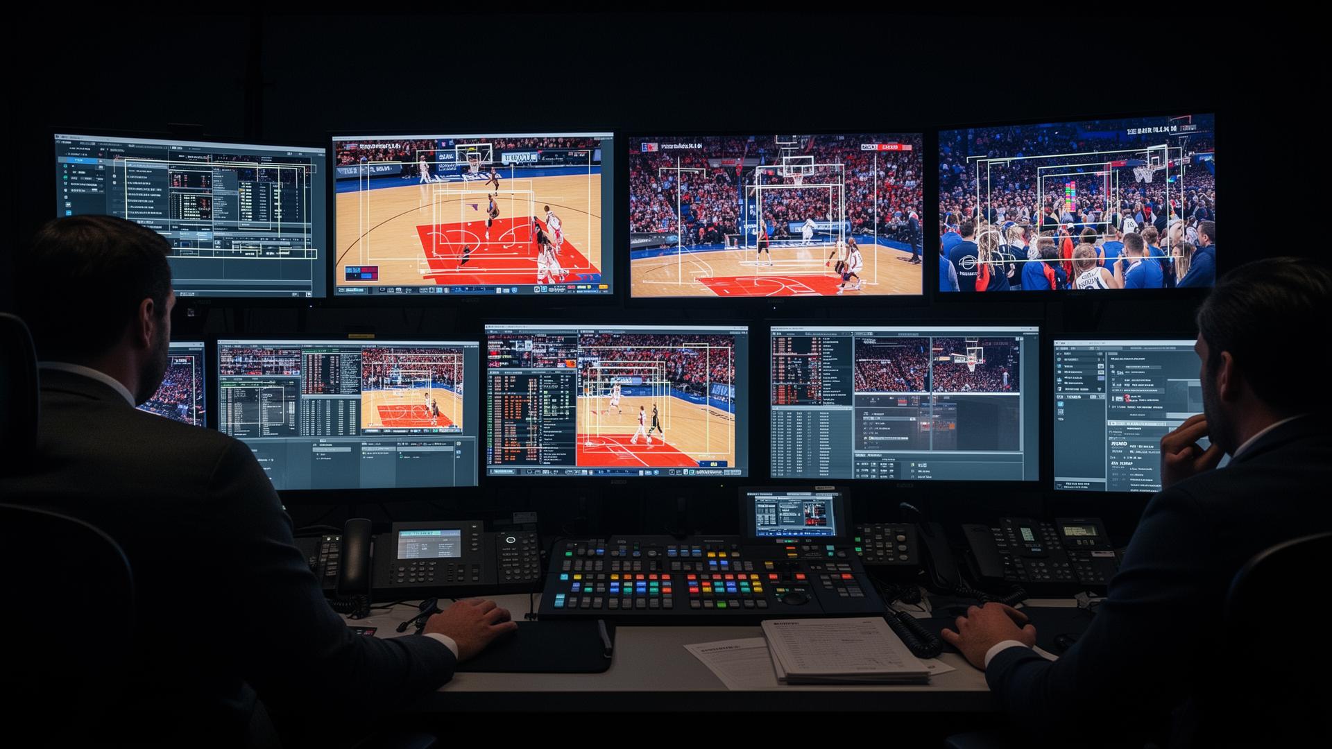 Broadcast control room with engineers monitoring multiple screens displaying a live basketball game with AI object detection bounding boxes.