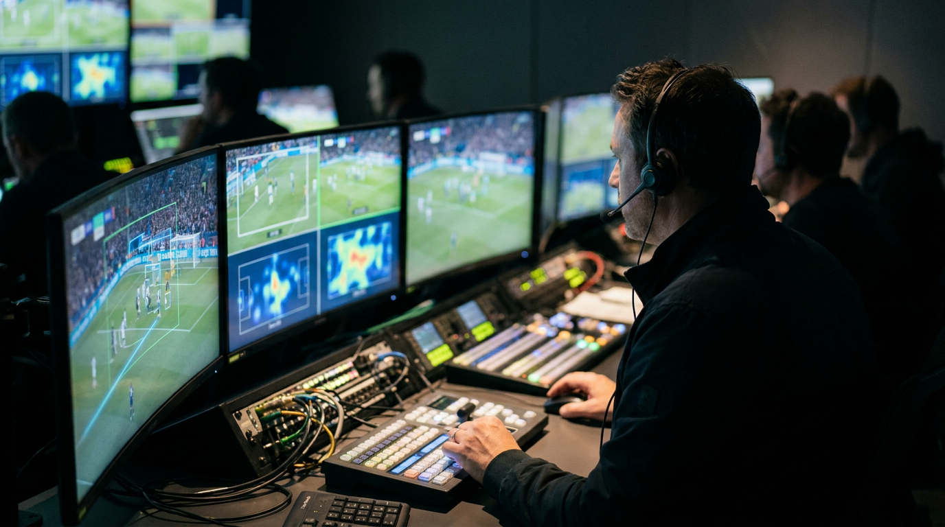 A futuristic sports broadcast control room with an AI key moment detection sports interface showing data overlays on a live soccer match.