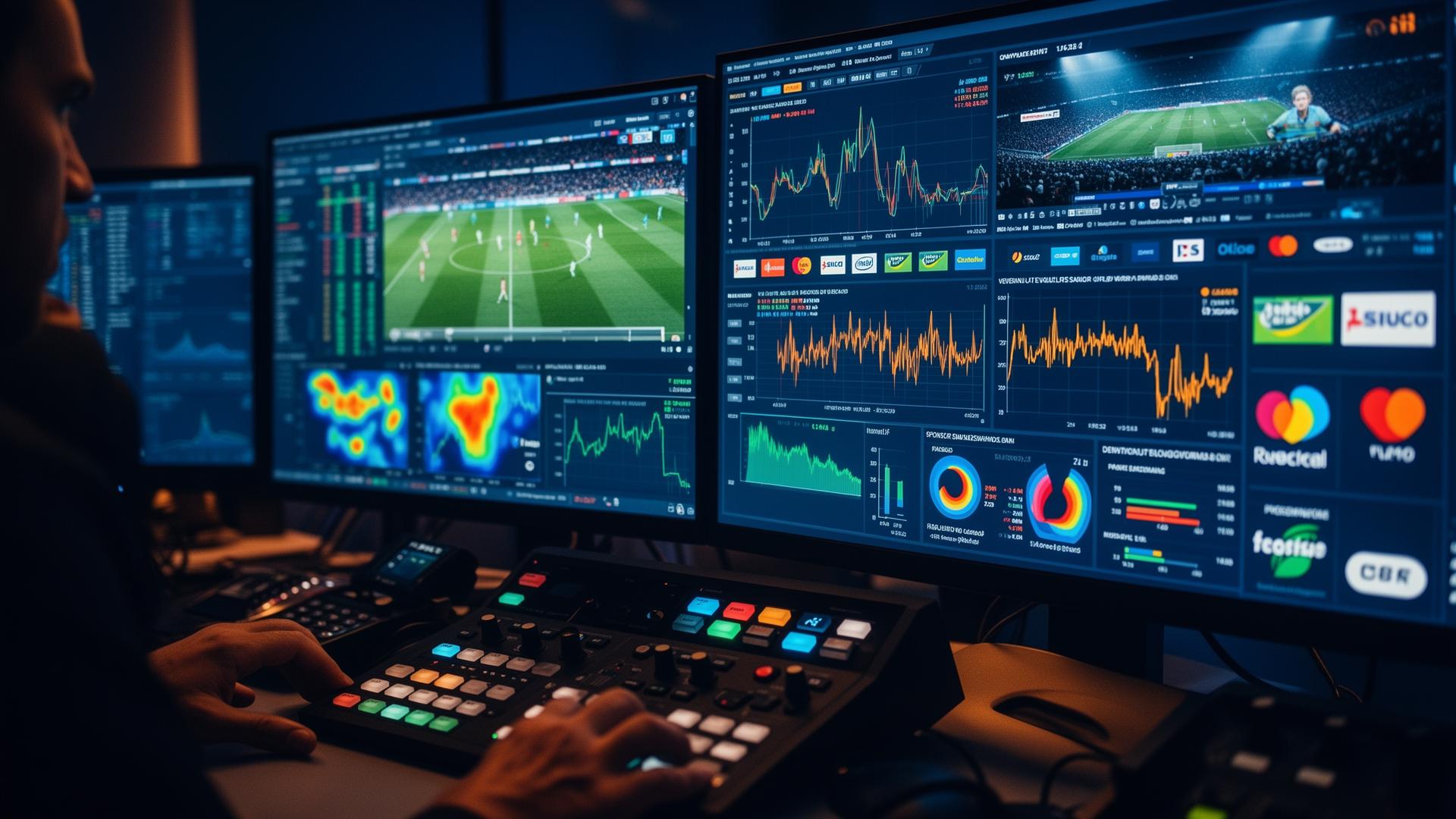 Broadcast control room with monitors showing brand lift analytics, attention heatmaps and sponsor recognition charts overlaid on a live soccer match.