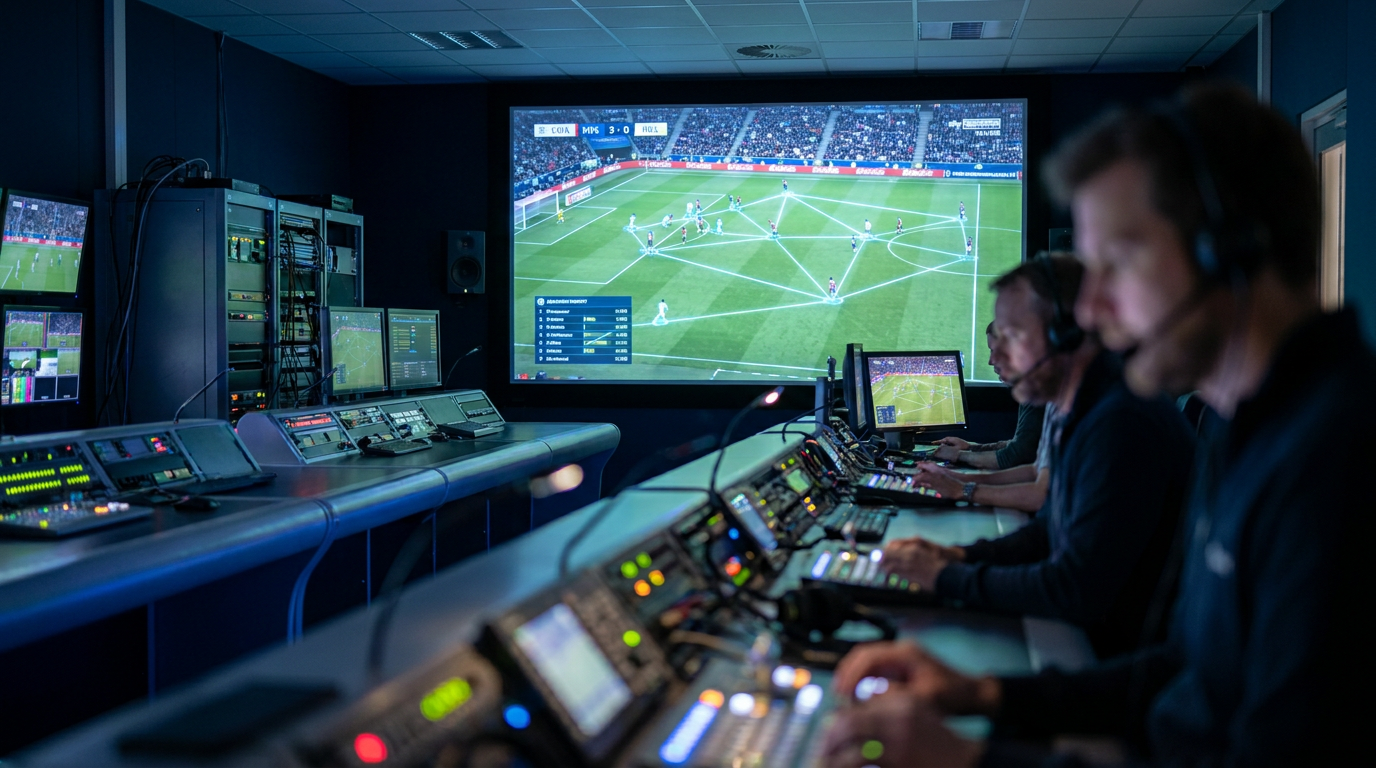 A futuristic sports broadcast control room with multiple monitors showing computer vision sports broadcasting analytics and player tracking.