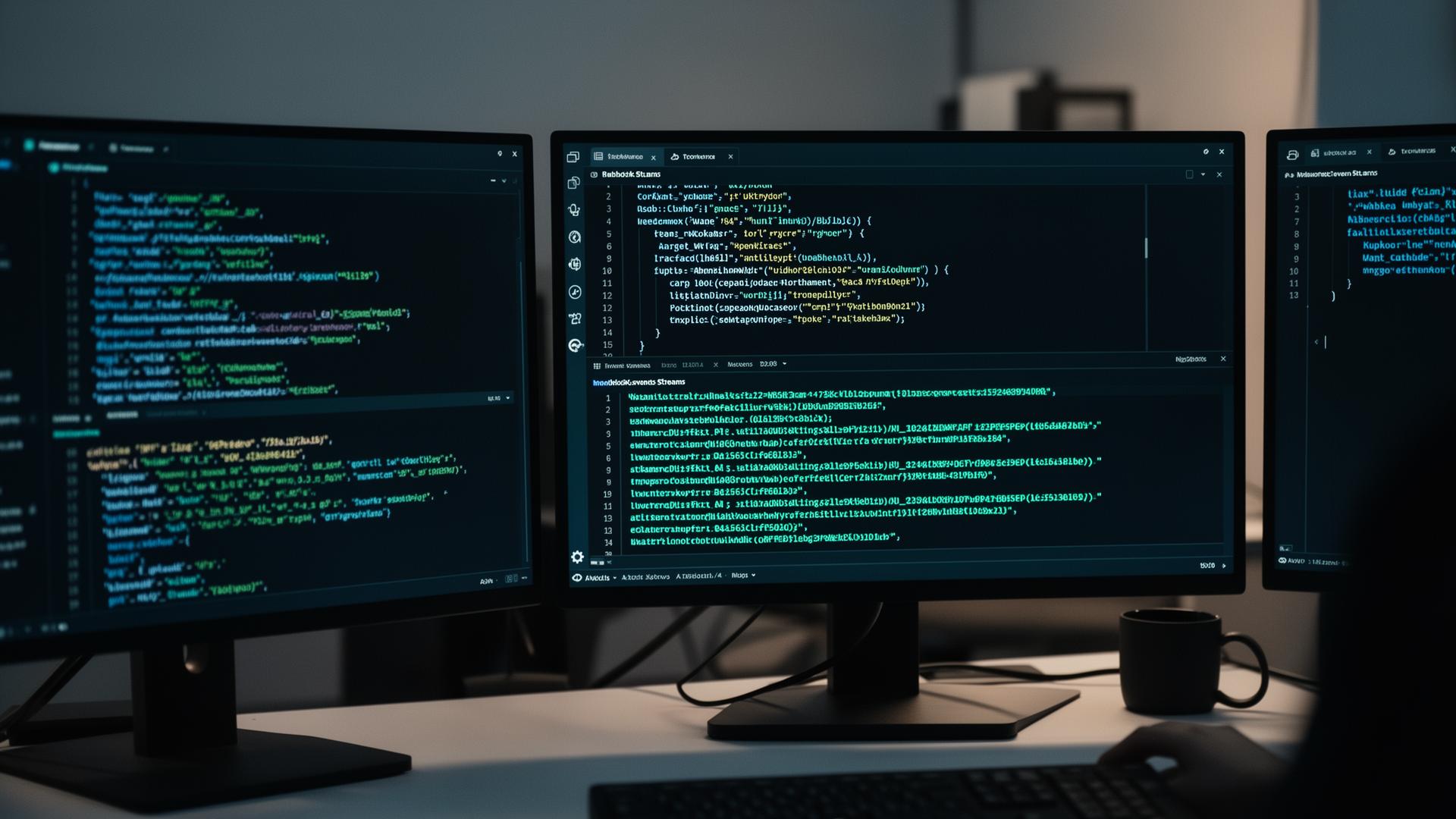 Developer workstation with multiple monitors displaying API code and JSON response bodies in a dark editor theme.