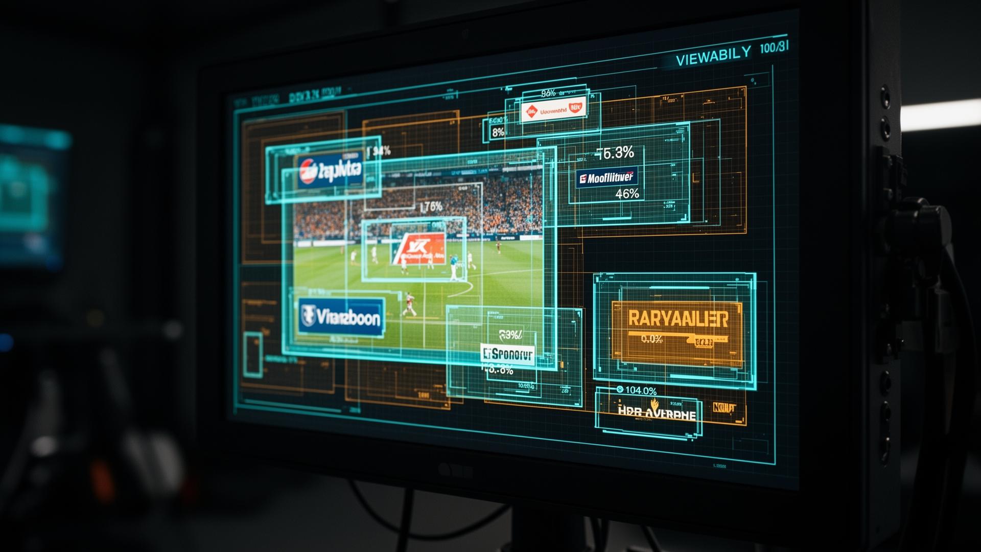 Broadcast monitor displaying live sports footage with pixel-accurate bounding boxes and viewability percentages around virtual sponsor placements.