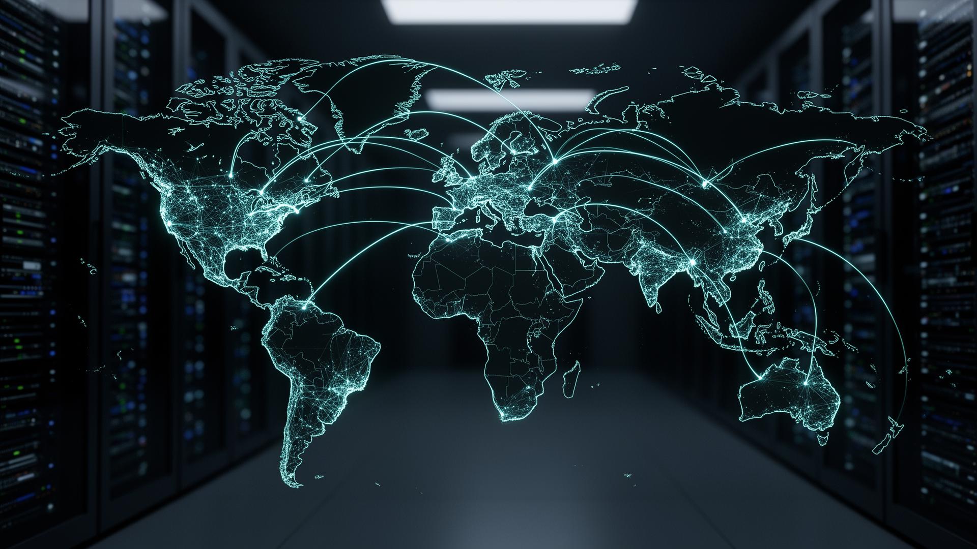 Global network diagram with glowing arcs between continents over a data-center backdrop, depicting low-latency webhook delivery.