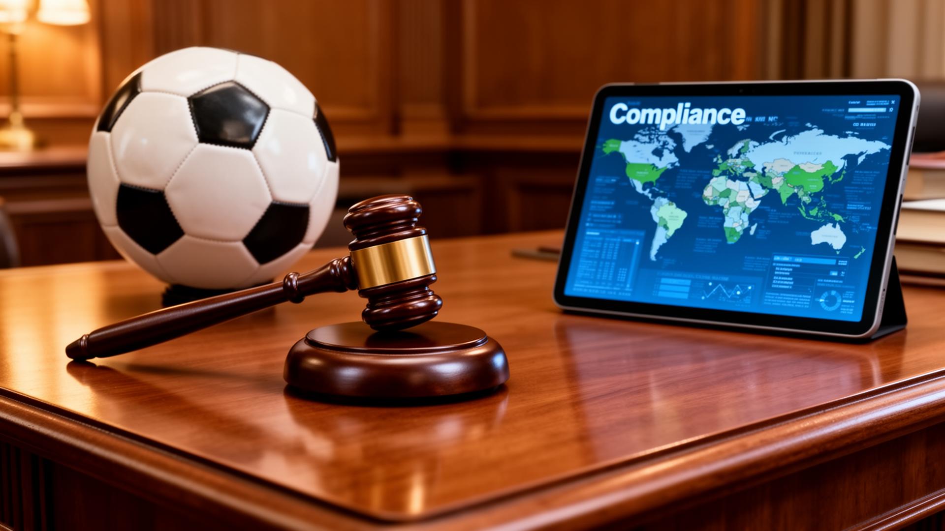 Wooden judge bench with a gavel, a soccer ball and a digital tablet displaying a global compliance map.