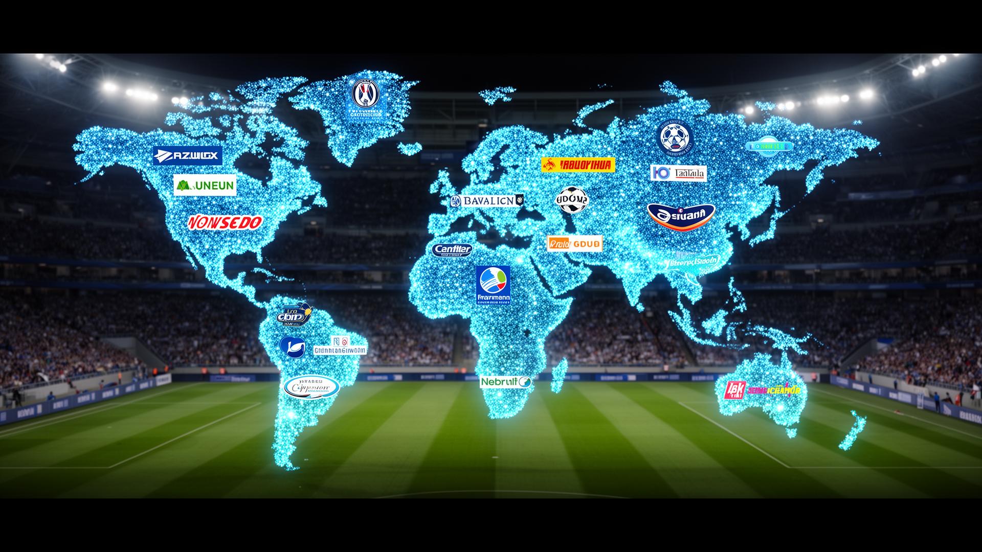 Glowing world map made of data nodes overlaying a soccer stadium with different sponsor logos in different regions.