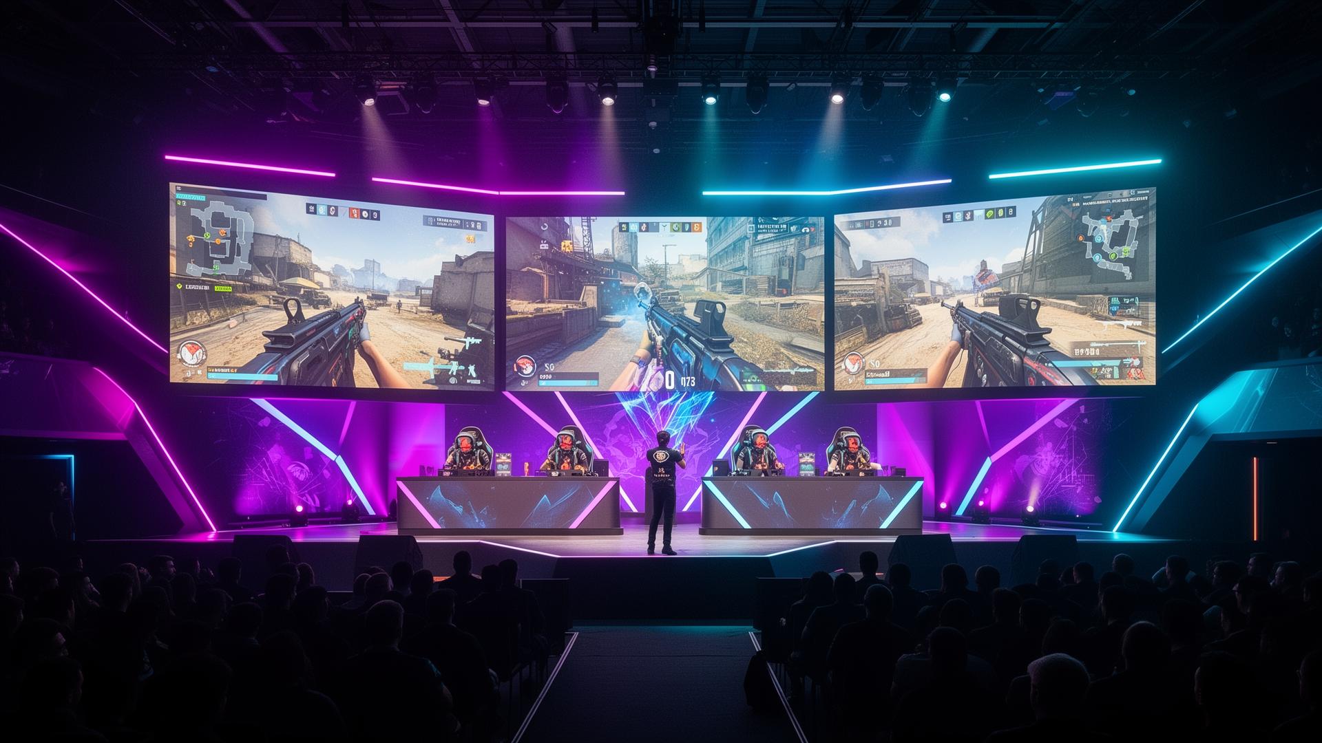 Esports arena stage with three giant screens showing first-person shooter gameplay, pro players competing under purple and cyan stage lighting.