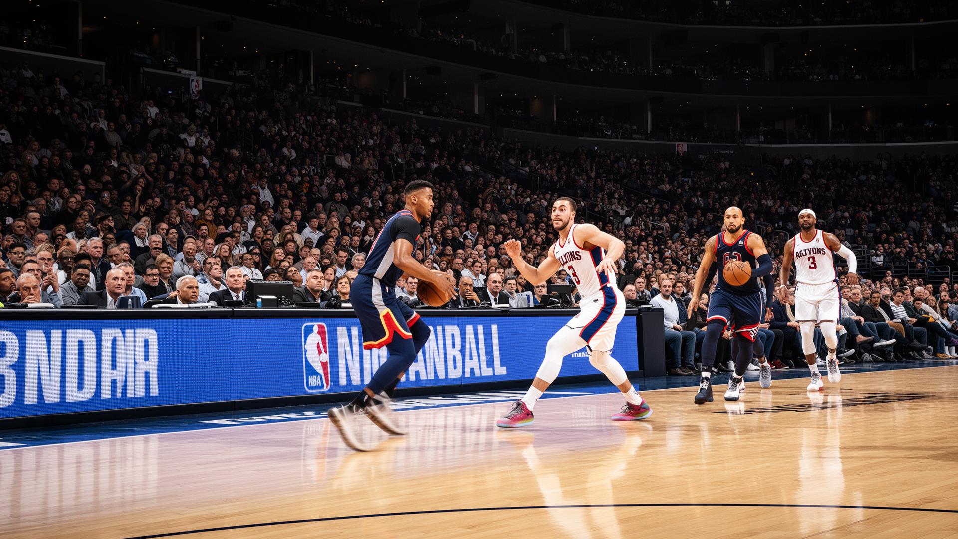 Courtside view of an NBA game with players in action and bright LED signage glowing along the court perimeter.