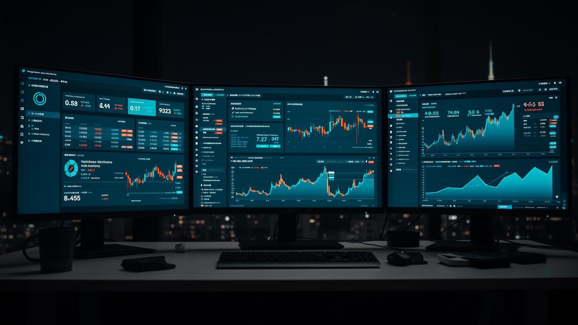 Three large monitors on a dark trading desk displaying programmatic advertising dashboards with cyan and orange charts.