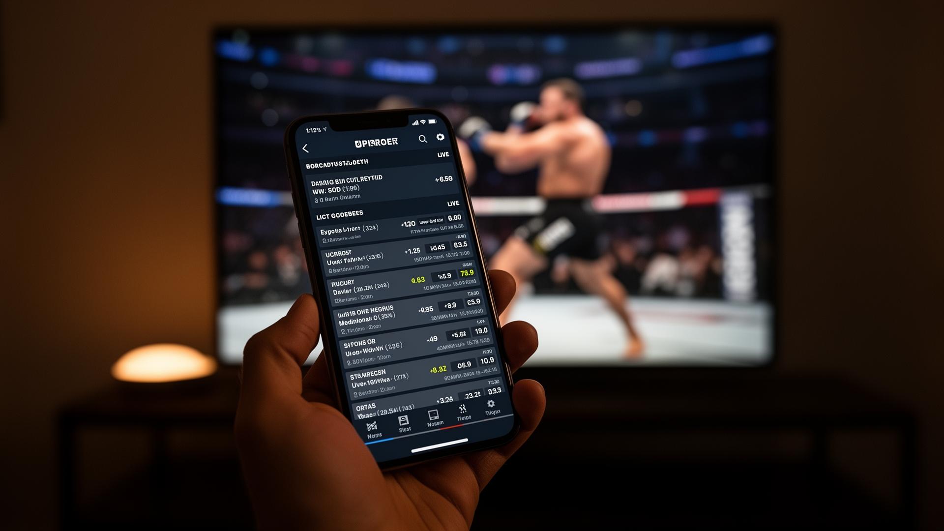 Close up of a hand holding a smartphone with a live sports-betting app, blurred live MMA broadcast on TV in the background.