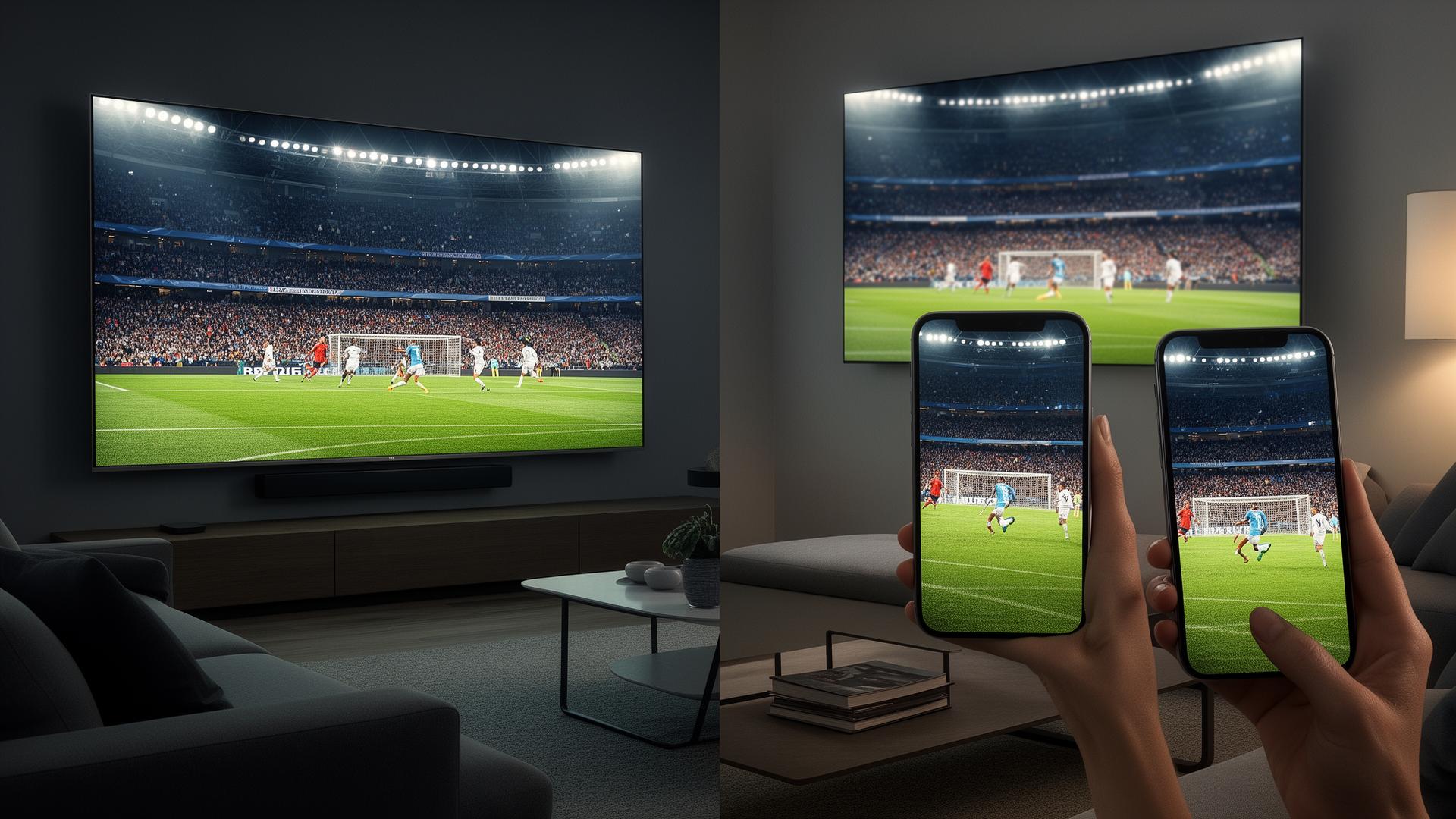 Split-screen view of a soccer goal on a large smart TV in a living room alongside the same moment on two smartphones.