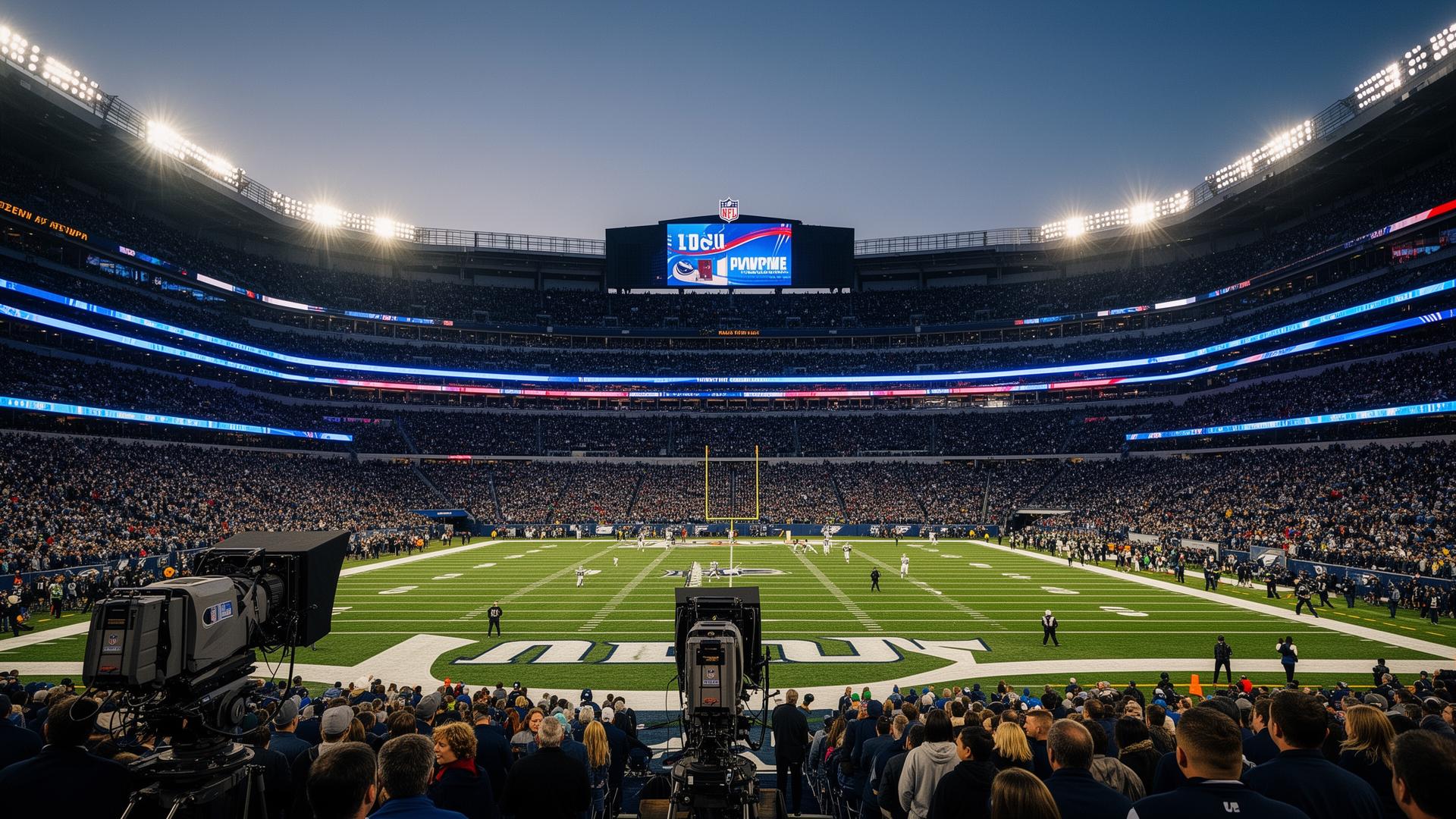 Primetime NFL stadium with broadcast cameras and LED perimeter signage during a live game.