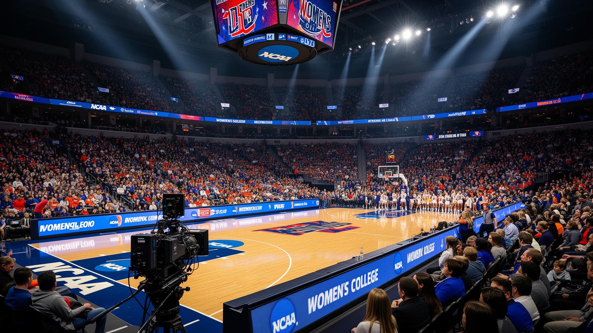 Packed NCAA arena with courtside LED sponsor boards during a televised women's college basketball game, broadcast camera in foreground.